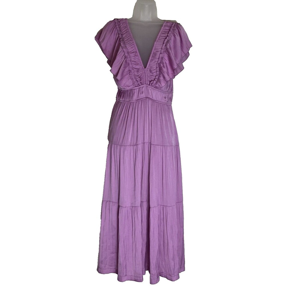 Joie Deep V-Neck Tiered Midi Dress Women's M Pink Ruffled Barbiecore Boho Fairy